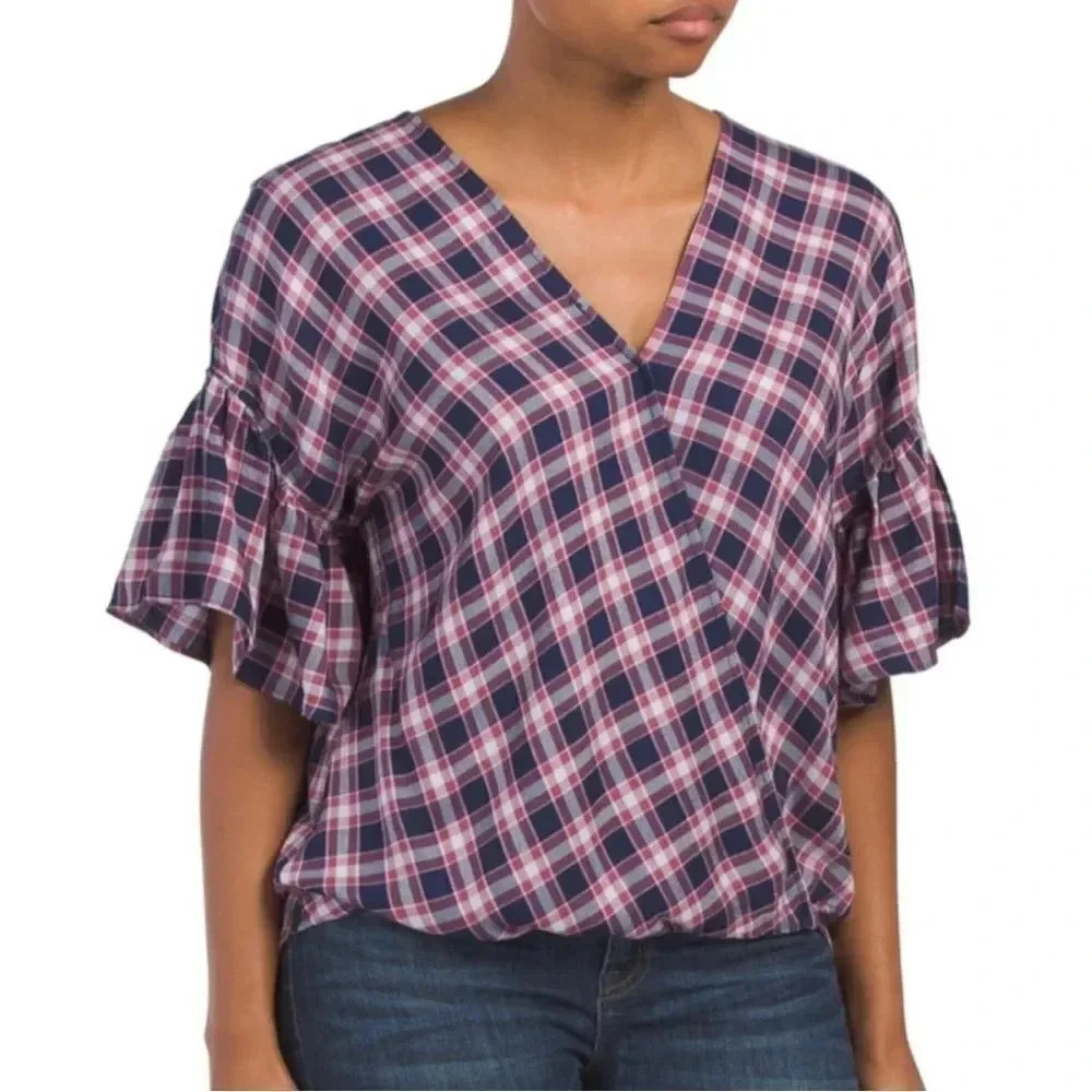 Max Studio Plaid Checkered Ruffle Flutter Sleeve Wrap Top Navy Red Size L